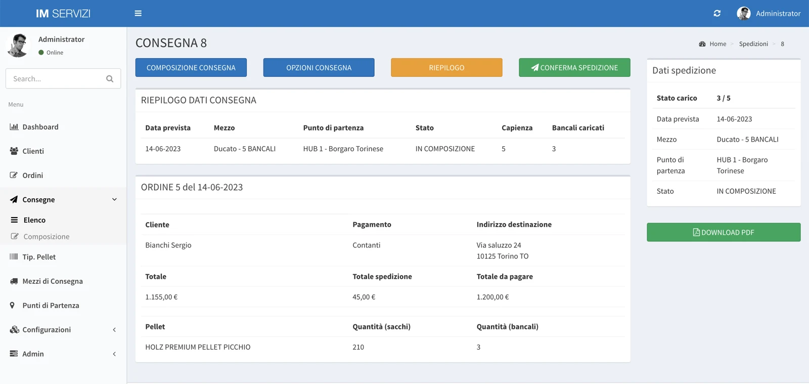 Pellet shipment composition with orders, vehicle, capacity and delivery summary